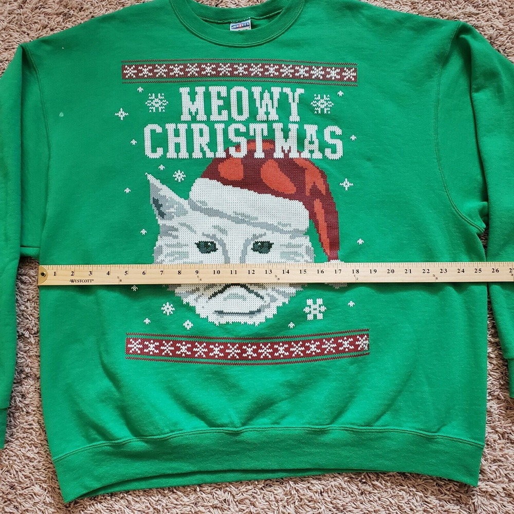 Meowy Christmas Cat Ugly Sweatshirt Unisex Crewneck Size 2XL Green Santa Hat - Picture 8 of 11